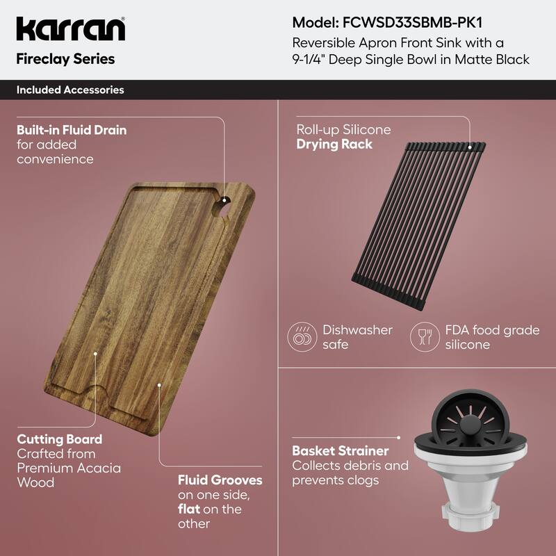 Karran 33" Single Bowl Workstation Fireclay Kitchen Sink with Reversible Diamond/Flat Apron Front
