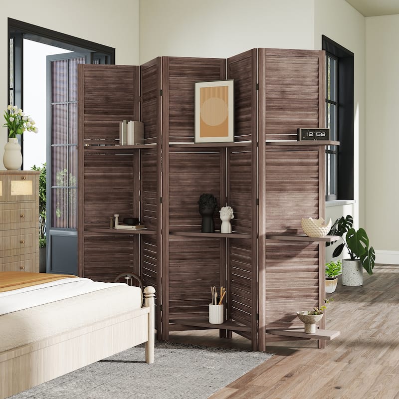 HOMCOM 5 Panel 67" Tall Wood Room Divider, Privacy Screen with 3 Display Shelves, and Folding Storage for Bedroom or Home Office
