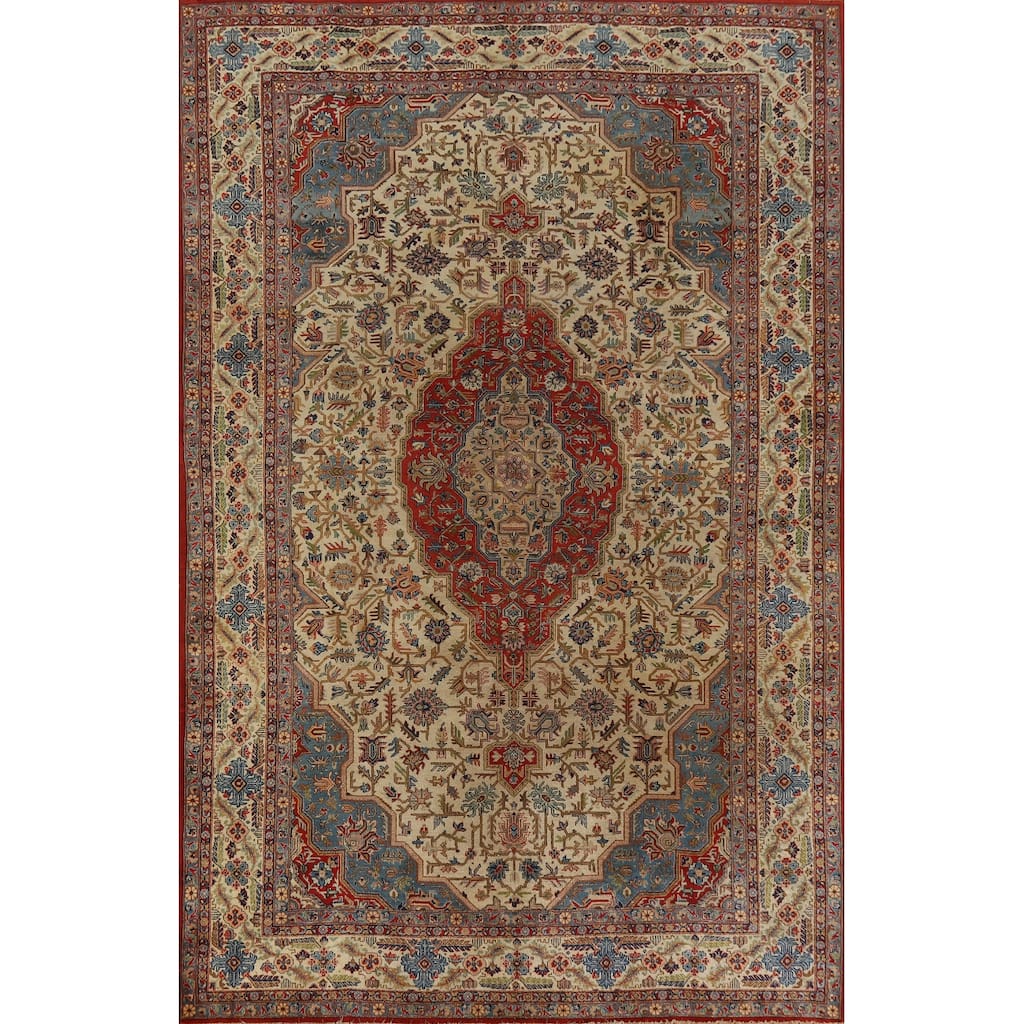 Hand Knotted Oriental 100% Wool Carpet Traditional Medallion Beige & Ivories Yazd Area Rug - 10' 7'' X 6' 10''