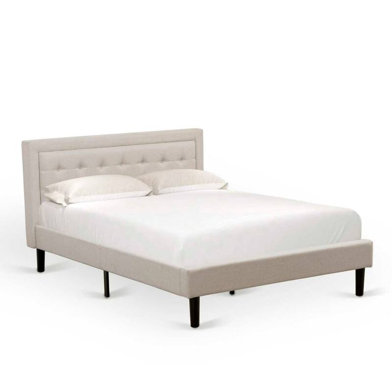 Queen Size Bed Platform Wood Frame - Linen Upholstered Headboard - Modern Bedroom Furniture