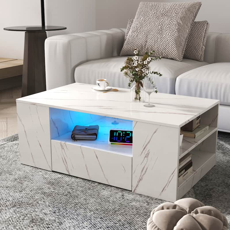 14.57" High LED Coffee Table ,Modern Coffee Tables Center Storage Table with 2 Drawers and Open Side Shelf