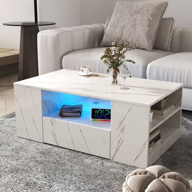 LED Coffee Tables for Living Room, Medium Storage Coffee Table, Wood Center Table with 2 Drawers and Open Side Shelf