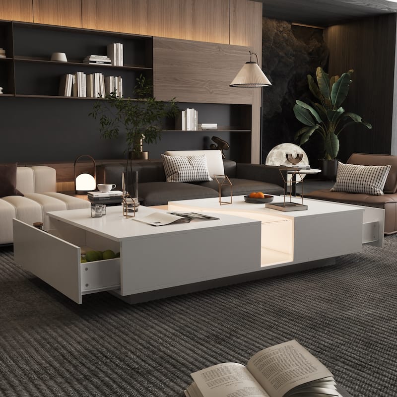 Storage Masterpiece Contemporary White Coffee Table Colorful LED Edge - 55.1"W