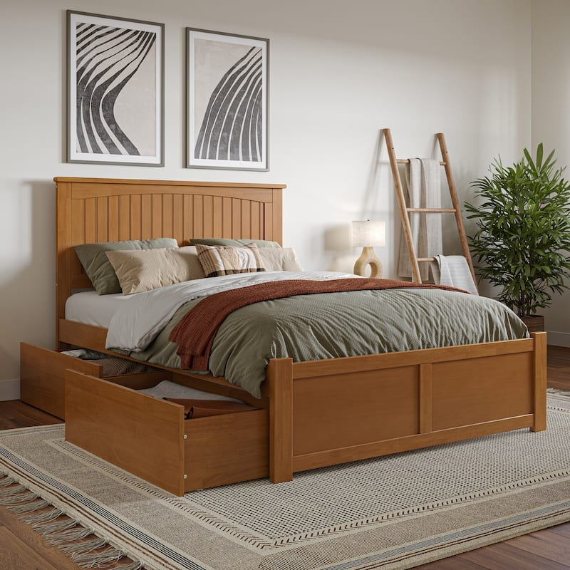 Solid Wood Platform Bed with Footboard & Storage - Full Size Bed Frame