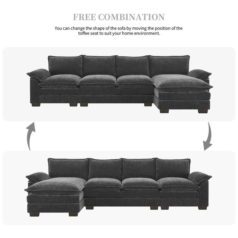 Chenille Upholstered Sectional Sofa with Chaise and Storage Pockets, 5 Seat Lounge Cloud Couch L-shaped Recliner Couches