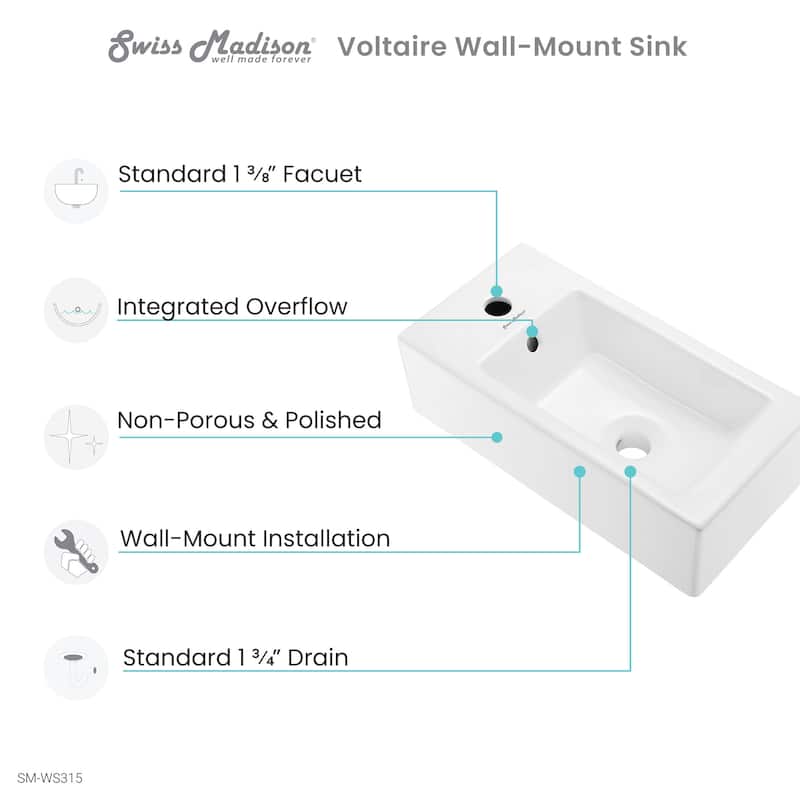 Voltaire Rectangular Ceramic Wall Hung Sink With Left Side Faucet Mount