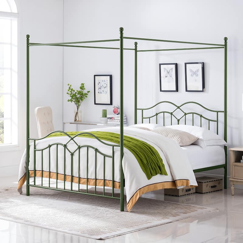 Christopher Knight Home - Voss Queen Iron Canopy Bed Frame with Four-Post Canopy Design - Antique Green