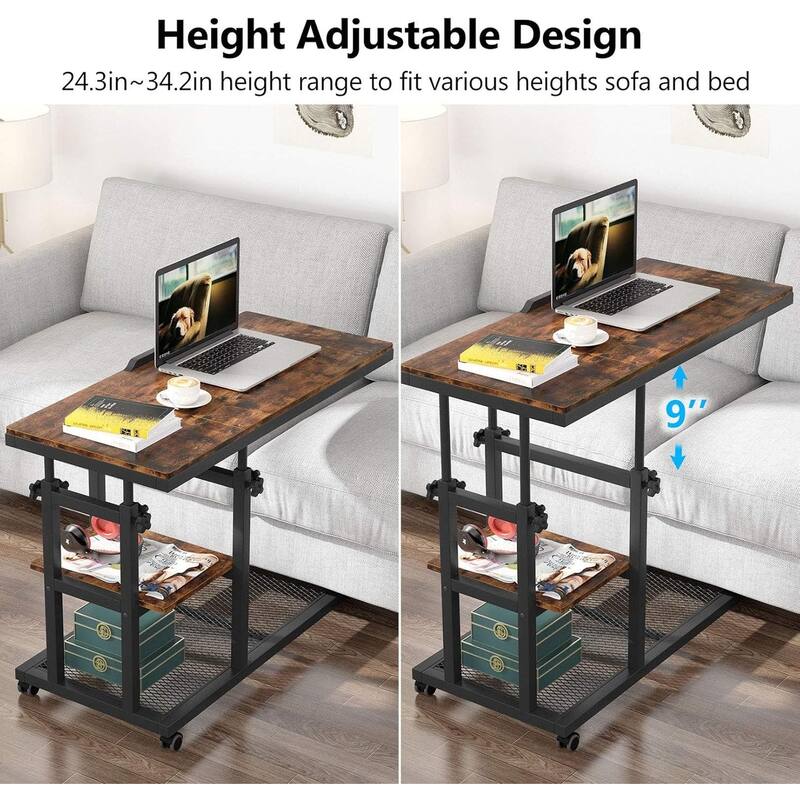 32"W Adjustable C-Shaped End Table with Wheels & Tilting Top,with Side Pocket & Storage Shelf,Rolling Overbed Couch Tray Table