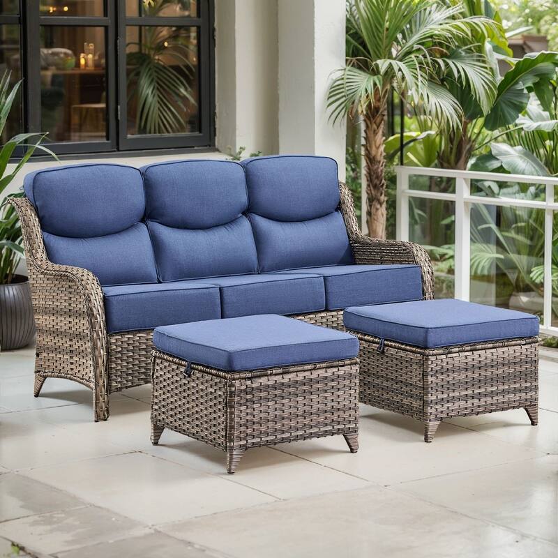 Arcadia 3-Seat Wicker Patio Sofa with 6-Inch Thick Cushions and 2 Ottomans - Navy Blue Cushions - Gray Wicker