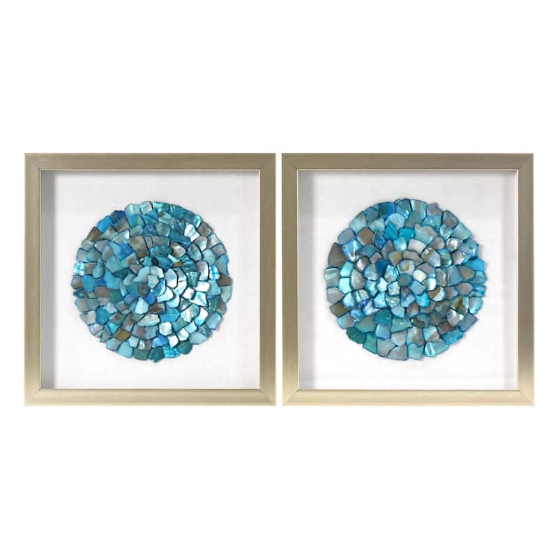 American Art Decor 2-Piece Coastal Seashell & Sea Glass Shadowbox Framed Wall Art Set - Aqua Teal Turquoise Round Seashell