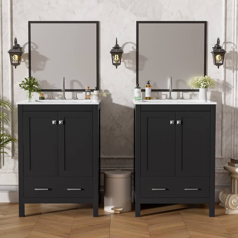 GDFStudio - Transitional Double Bathroom Vanity Set, Dual Undermount Sink, Soft-Close Doors & Double-Layer Door Shelf, Set of 2 - Black - 48"