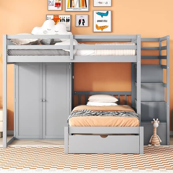 slide 2 of 26, Versatile Full Over Twin Wood Bunk Bed with Wardrobe & StorageDrawers Grey - Full