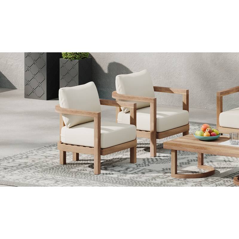 Roomfitters Outdoor Acacia Wood Patio Club Chair, Waterproof Cushions, Wash Finish with Beige Cushions