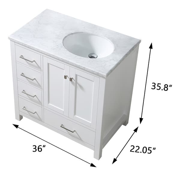 dimension image slide 1 of 2, BATHLET 36 inch White Bathroom Vanity Set with Carrara Marble Top