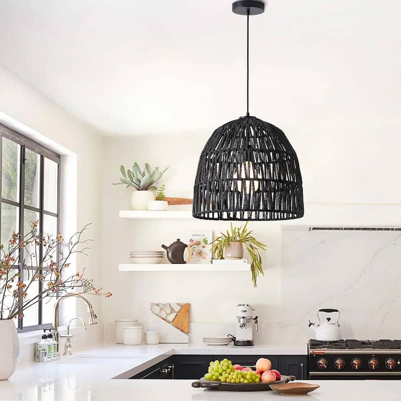 Bohemian Modern Woven Paper Rope/Iron Pendant Light for Kitchen Island