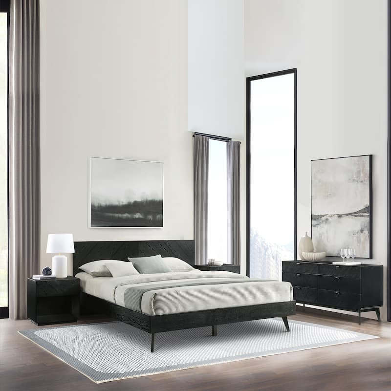 Petra Black Wood King or Queen Platform Bed Frame with Headboard