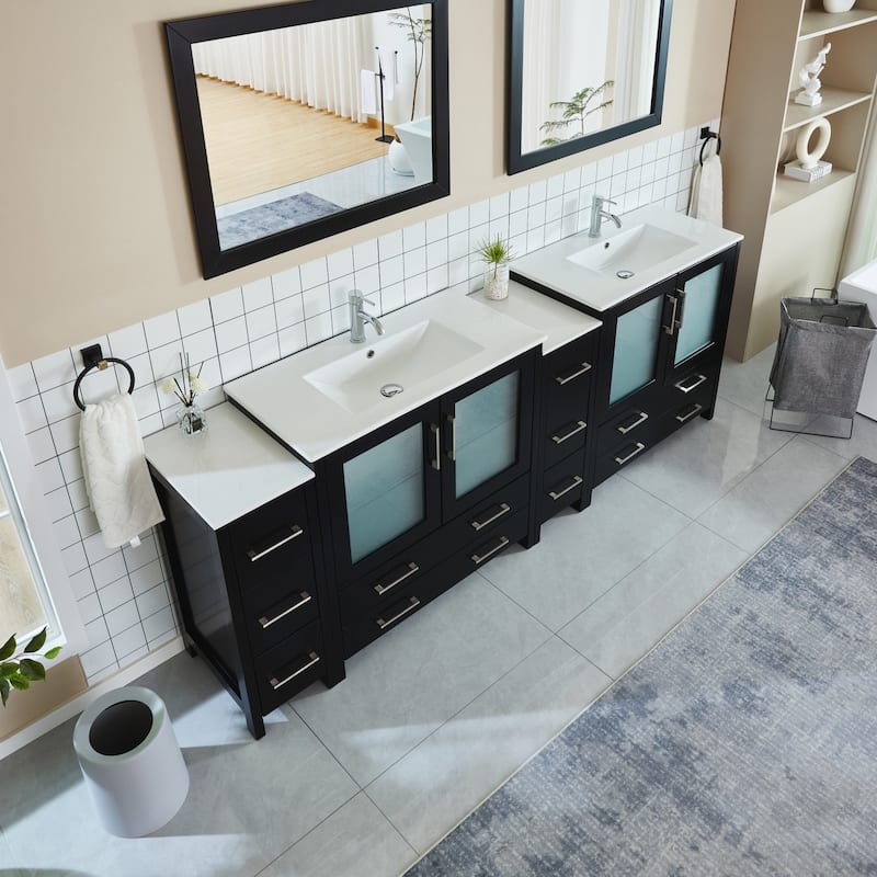 Vanity Art 96" Double Sink Bathroom Vanity Set 10 Dove-Tailed Drawers, 3 Cabinets, 2 Shelves Soft-Closing Doors with Free Mirror