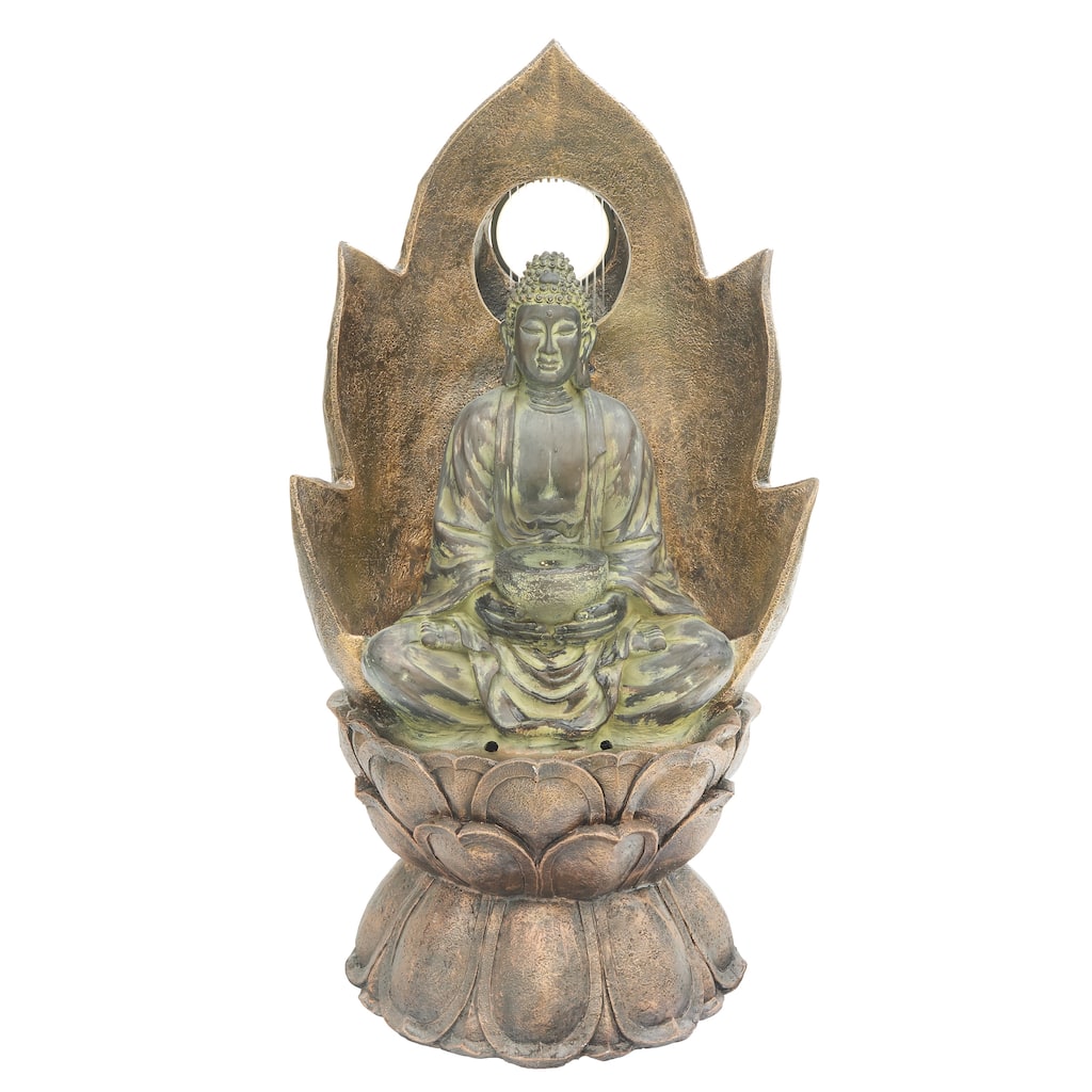 Alpine Corporation TZL420 59" Outdoor Buddha Fountain with LED Lights - Stone Look Water Feature for Garden, Patio & Yard, Brown