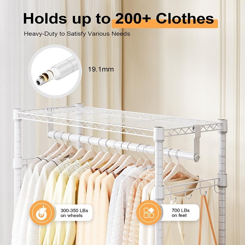 Anmytek Heavy Duty Rolling Clothing Rack with Shelves and Wheels White Garment Storage Organizer