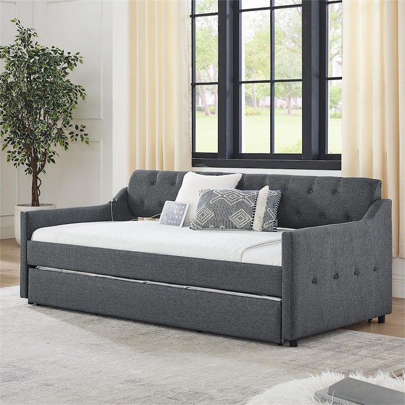 Twin Size Linen Upholstery DayBed with Twin Trundle and USB Charging