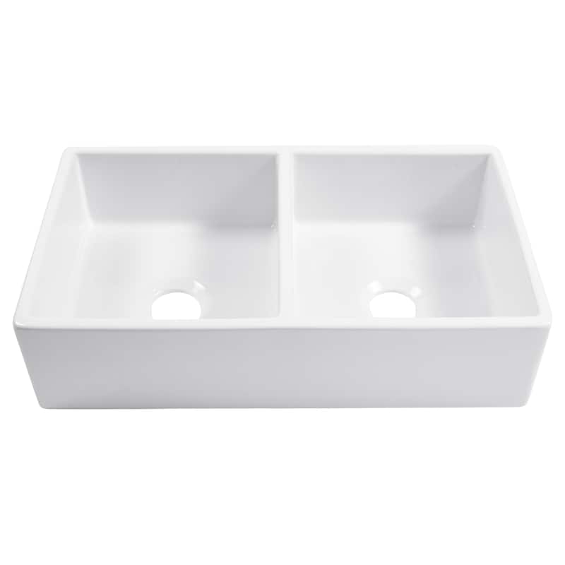 Turner Crisp White Fireclay 33" Double Bowl Farmhouse Apron Front Undermount Kitchen Sink with Maren Stainless Faucet Kit