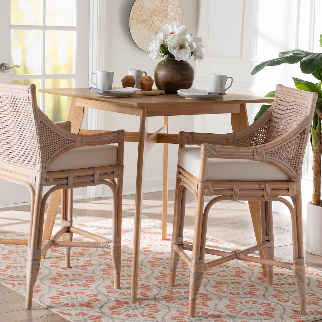 Allen Natural Rattan Counter Stool - Handwoven Wicker Stool with Lattice Back and Removable Cushion, Counter Height Seating