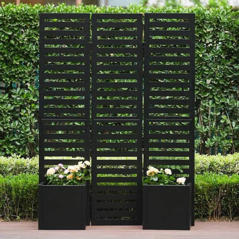 3-Panel Freestanding Privacy Screen with Planter Box for Patio - N/A - Black