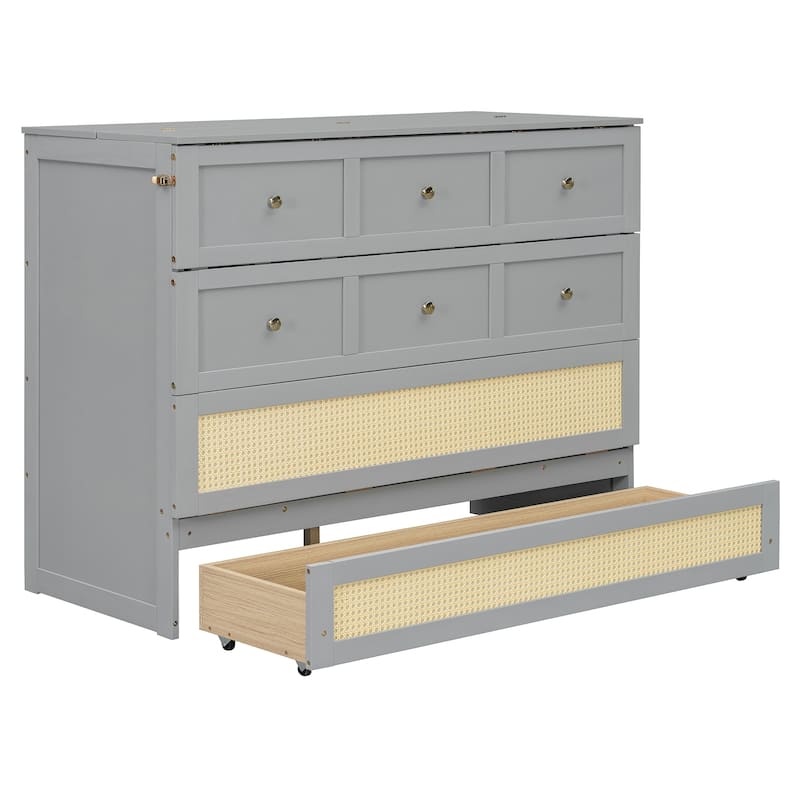 Convertible Full Size Murphy Bed Cabinet with Rattan Accents and Storage Drawer by Harper&Bright Designs