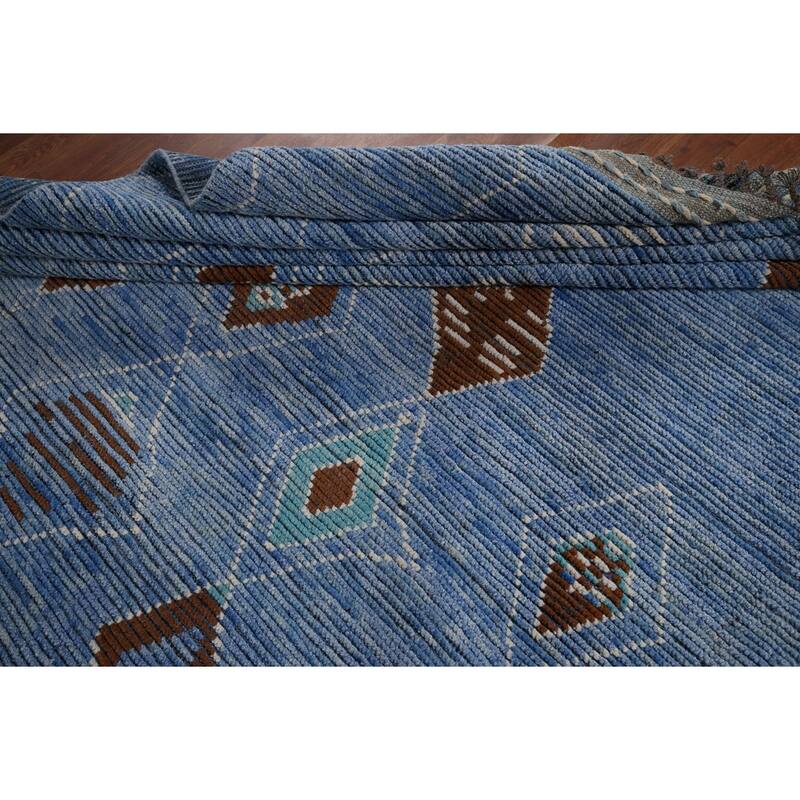 Blue Geometric Moroccan Area Rug Hand-Knotted Wool Carpet - 8'7"x 12'2"
