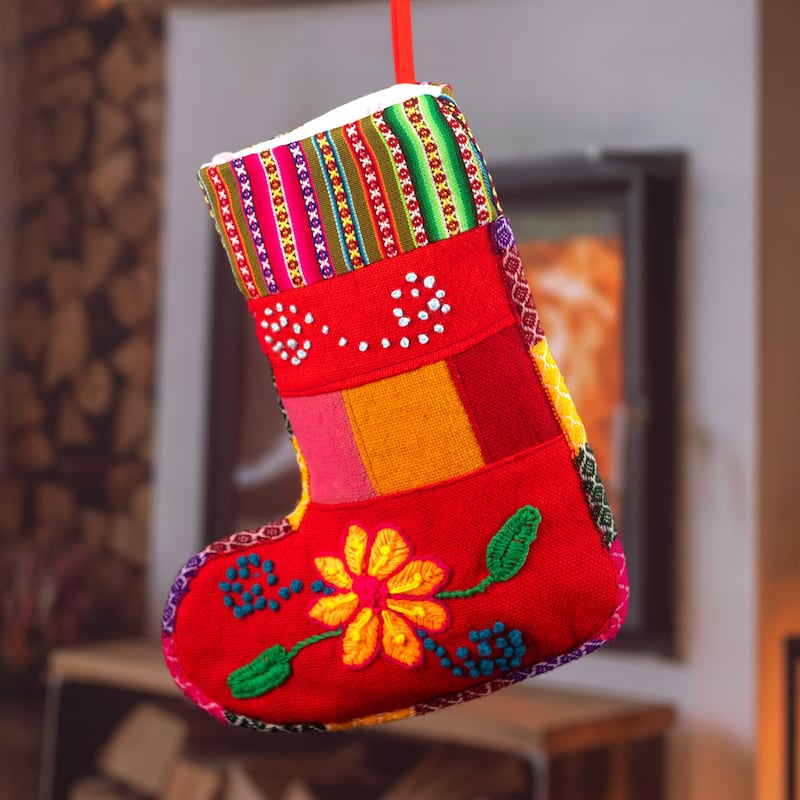Novica Handmade Christmas With Flowers Embroidered Christmas Stocking