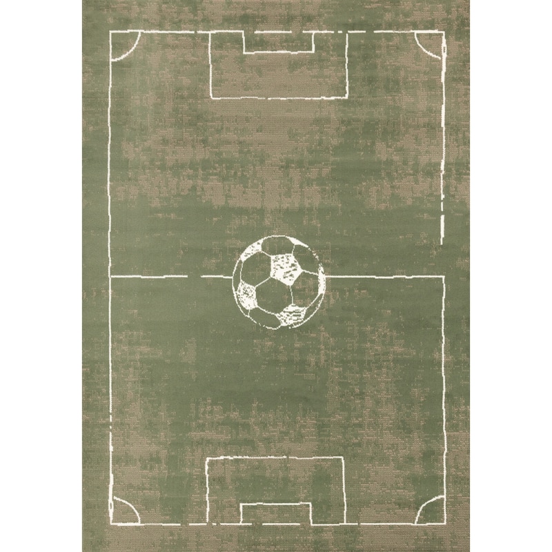 Green Brown Soccer Field Kids Area Rug