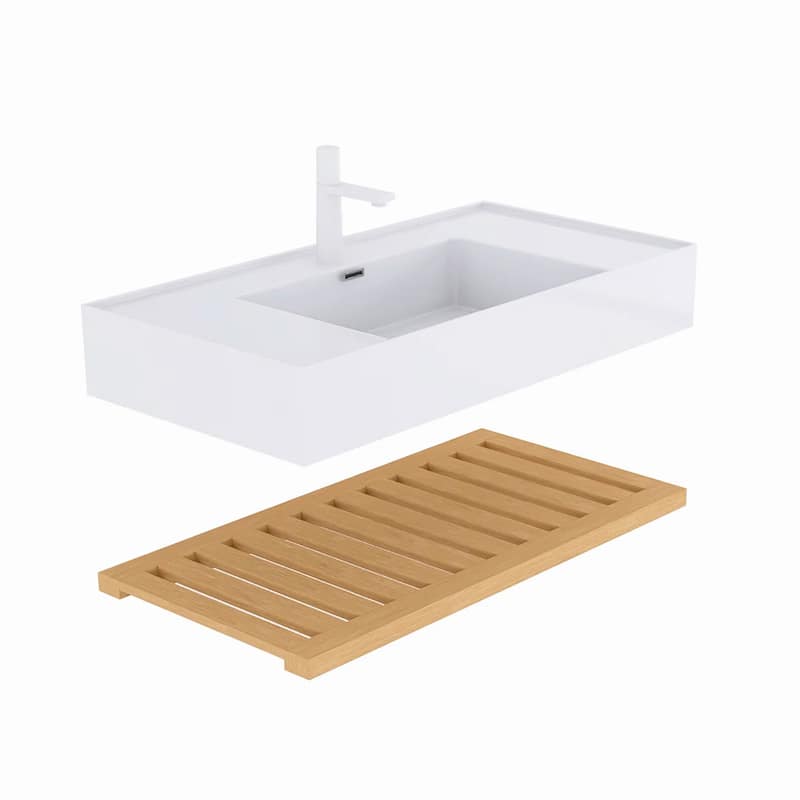 Wall-Mounted Bathroom Vanity in Natural Wood with White Integrated Acrylic Sink