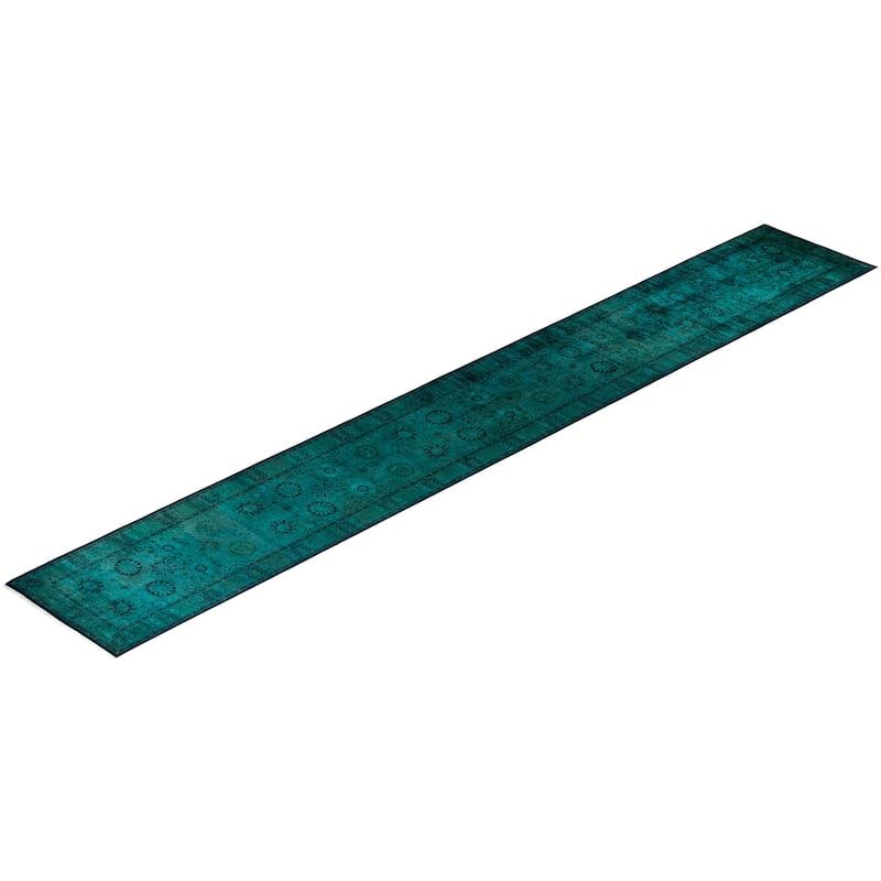 Overton Hand Knotted Wool Vintage Inspired Modern Contemporary Overdyed Green Area Rug - 3' 2" x 22' 1"