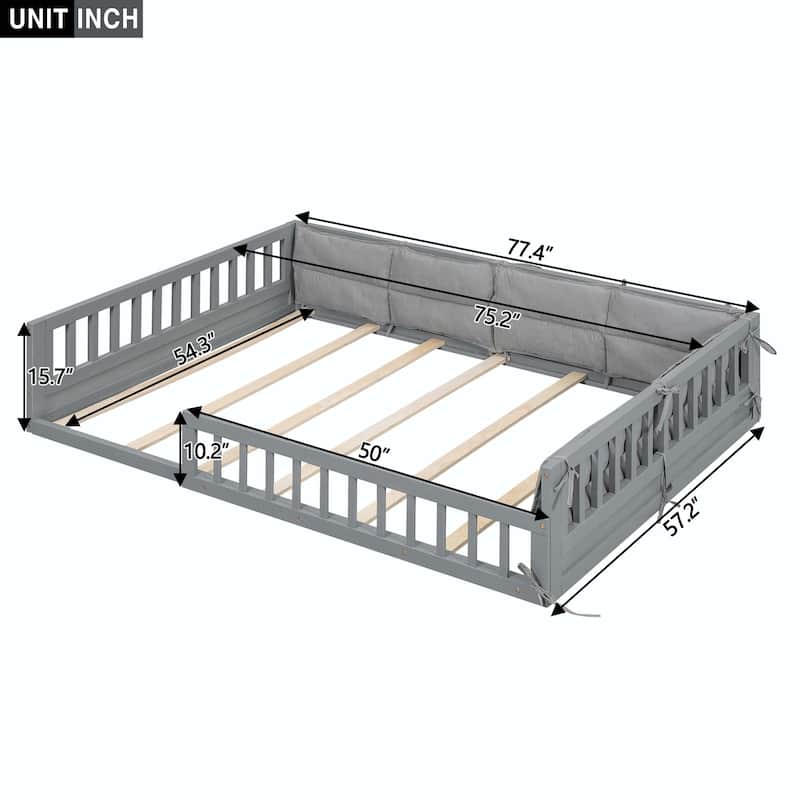 Wood Upholstered Platform Bed with Guardrail and Pillow
