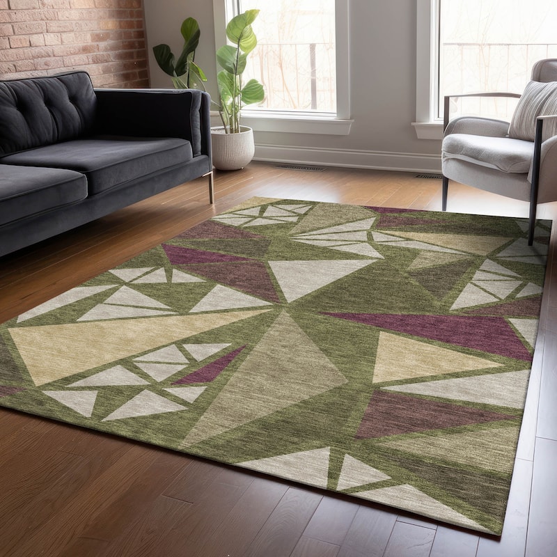 Machine Washable Indoor/ Outdoor Abstract Mosaic Chantille Rug - Olive - 2'6" x 3'10"