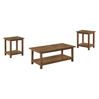 3 Piece Wooden Table Set with 3 Open Shelves in Distressed Brown - 3 Piece
