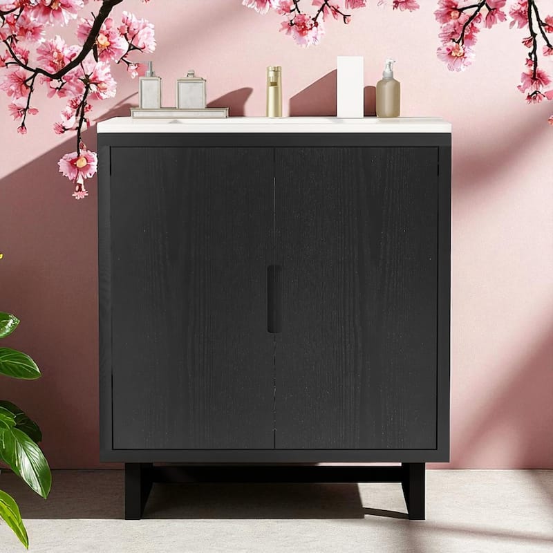 30'' Bathroom Vanity with Sink, Solid Wood Frame, Soft-Close Doors, Resin Basin, Freestanding Storage Cabinet - Black