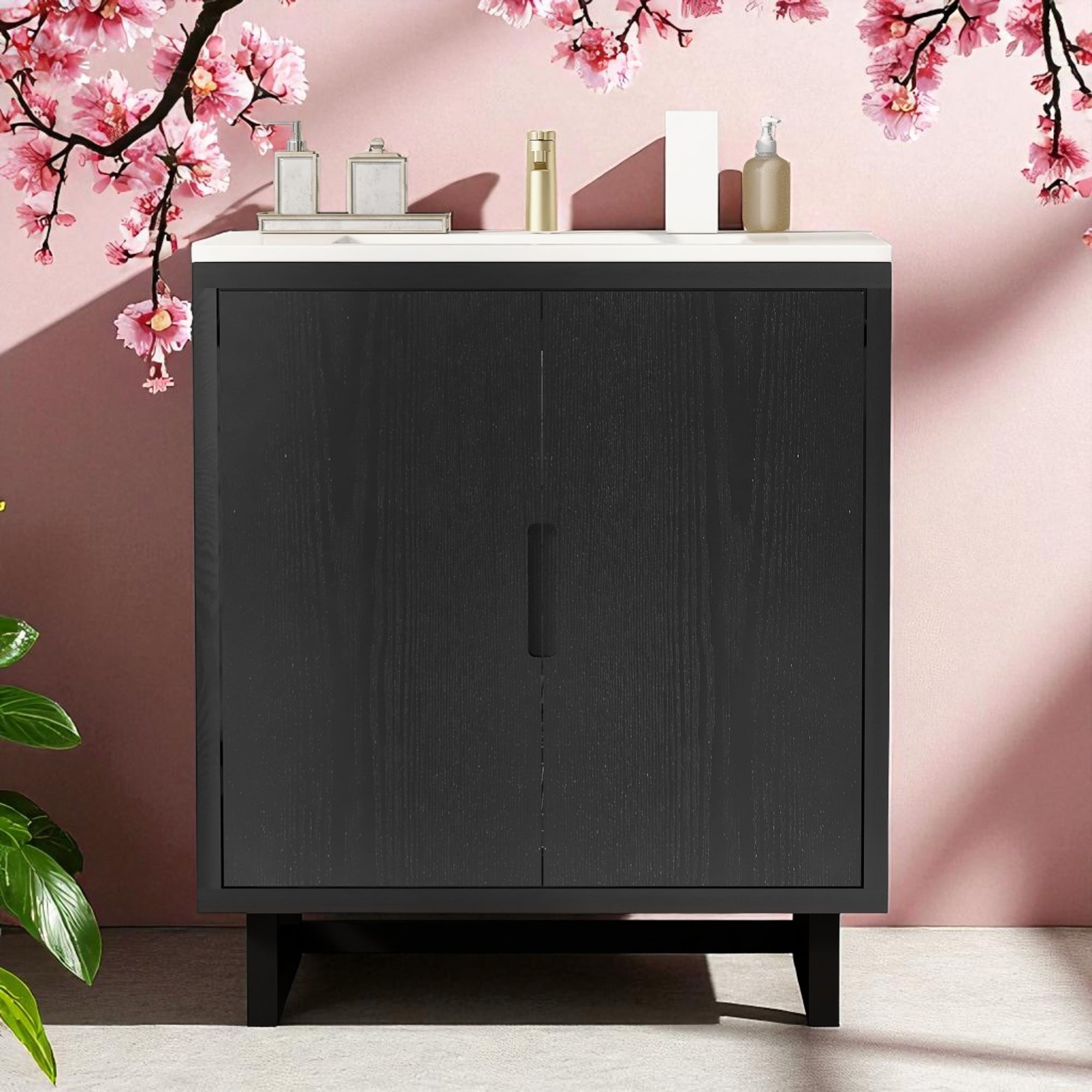 30'' Bathroom Vanity with Sink, Solid Wood Frame, Soft-Close Doors, Resin Basin, Freestanding Storage Cabinet