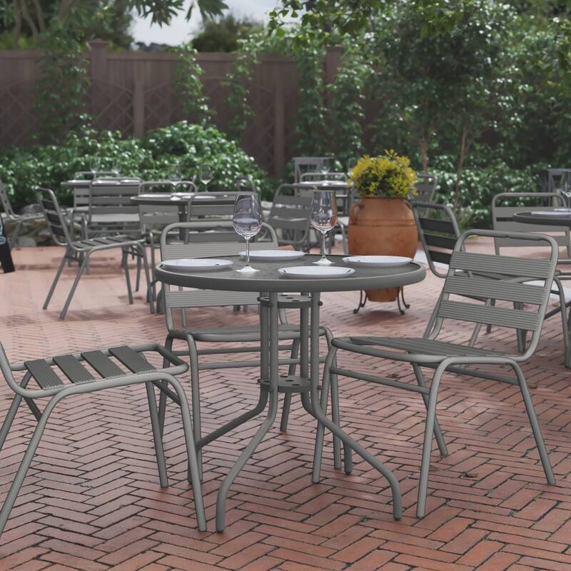31.5" Round Tempered Glass Metal Table with Smooth Ripple Design Top - Clear/Silver