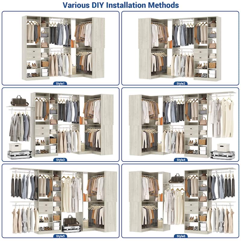 Rackcog 63’‘ - 127.5'' Closet System with Hanging Rods, Set of 2 Corner Closet Organizer with Drawers and Shelves