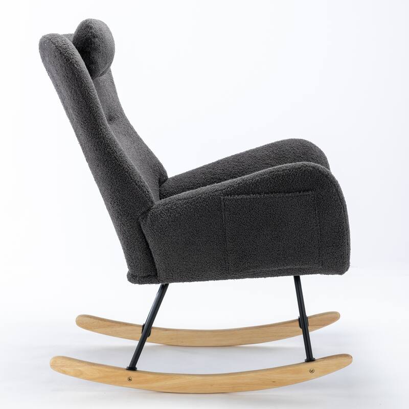 Teddy Fabric Wingback Rocking Chair for Nursery with Safe Solid Wood Base