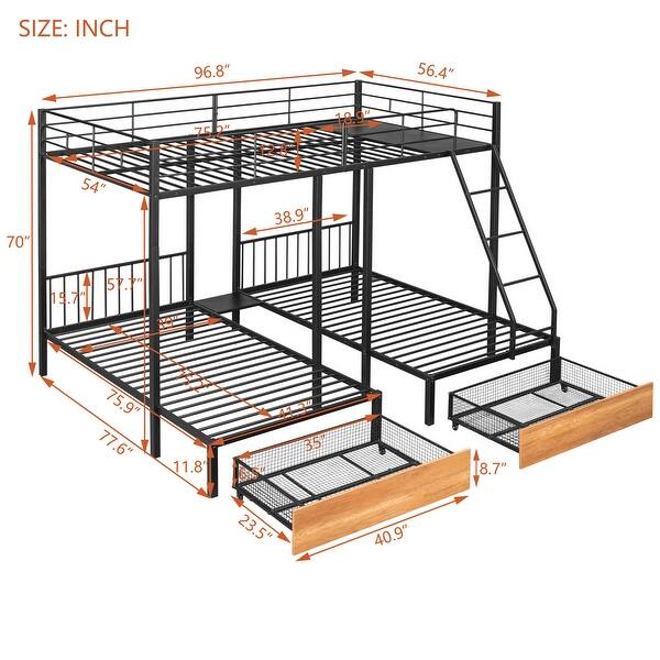 Full Over Twin & Twin Triple Bunk Bed with Drawers and Guardrails , Space-Saving and Multi-functional Metal Design for Families