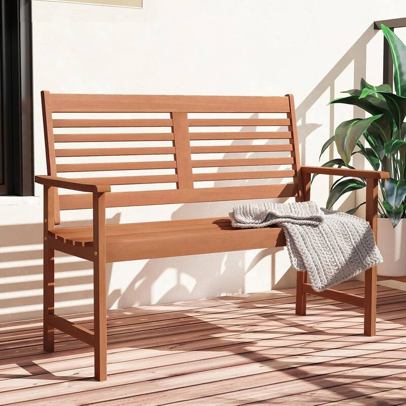 Wood Outdoor Bench 2-Person Patio Bench with Ergonomic Backrest