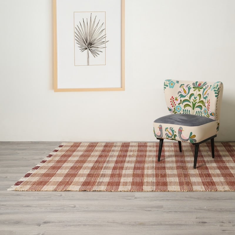 Artisan Hand Woven Jute & Cotton Brown Plaid Rug-5X7 ft - 6' x 7'