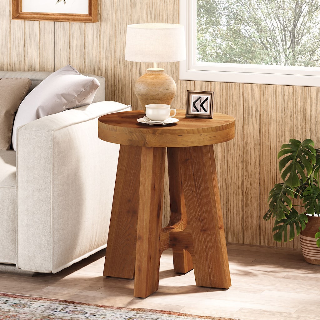 Round Side Table, Farmhouse Solid Wood End Table for Couch