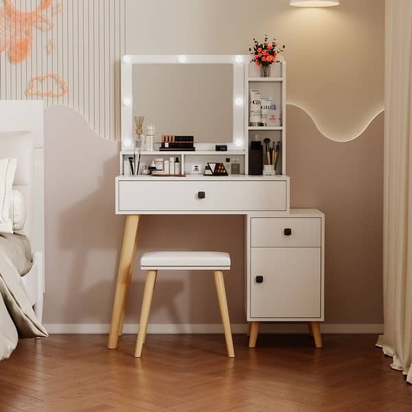 Modern White Dressing Table with Hollywood LED Mirror, Adjustable Light, and Storage Drawers for Bedroom Makeup - Bed Bath & Beyond