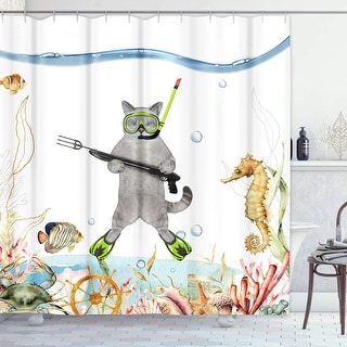 Funny Shower Curtain Cute Cat Swimming in Teal Blue Ocean Sea 72"x72"