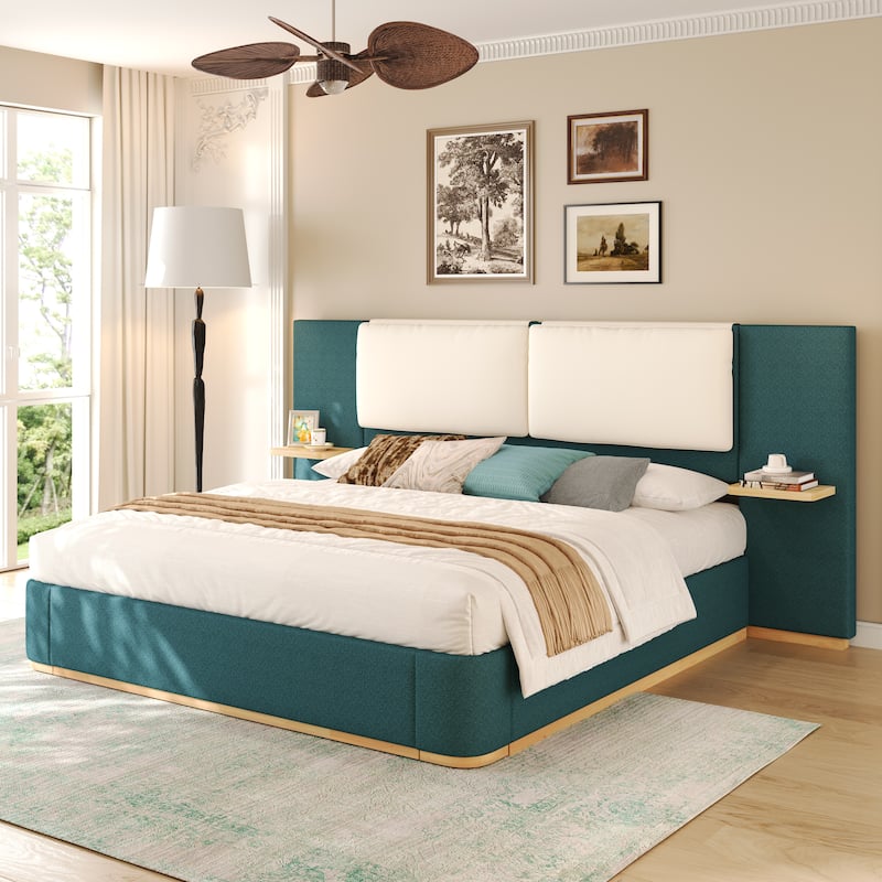 Roomfitters Queen Size Upholstered Platform Bed Frame, Modern Panel Headboard with Rounded Corners, Solid Wood Slats - Green