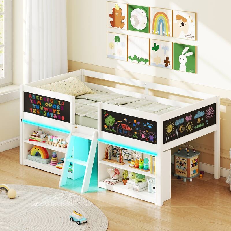 Gymax Low Loft Bed Twin Size Wooden Bed Frame Kid's Cabin Bed w/ - White