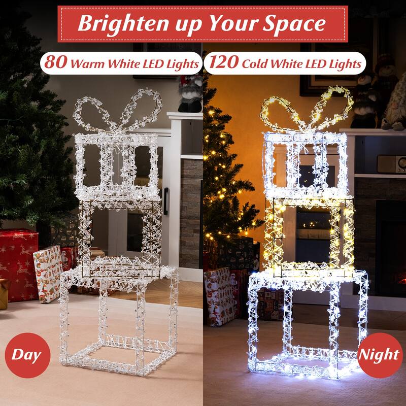 Gymax Outdoor Set of 3 Pre-Lit Christmas Present Box Lights w/Warm & - Multi-Color